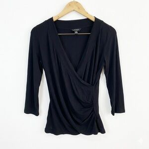 Lauren Ralph Lauren Black Surplice Wrap Top Ruching 3/4 Sleeve Size Medium